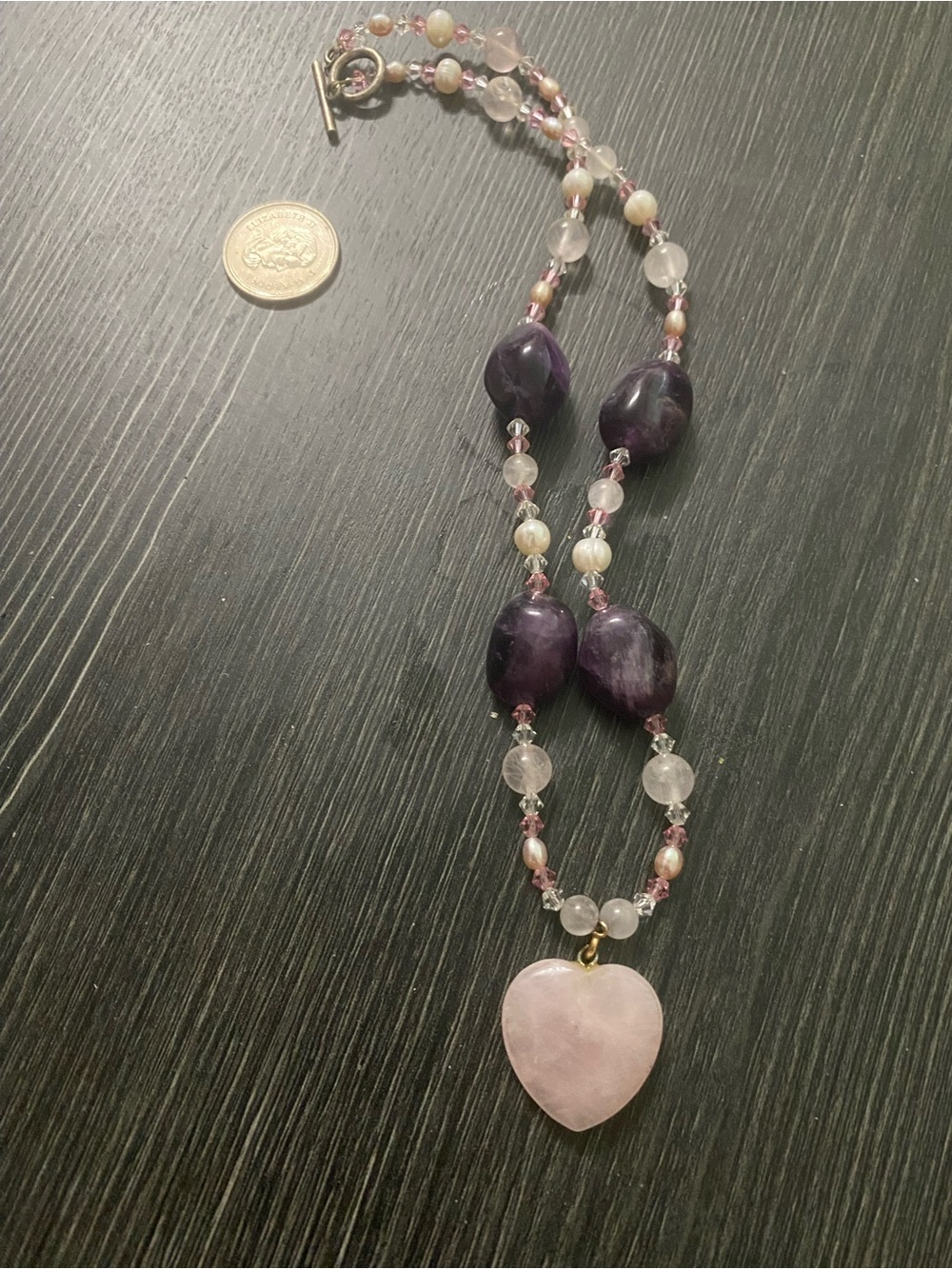Heart Pendant Beaded Necklace in Purple amethyst and rose quartz